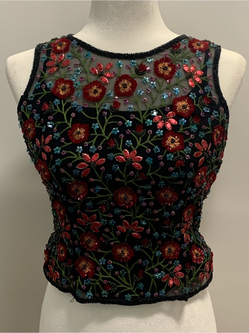 Sheer beaded embroidered sleeveless top Small
